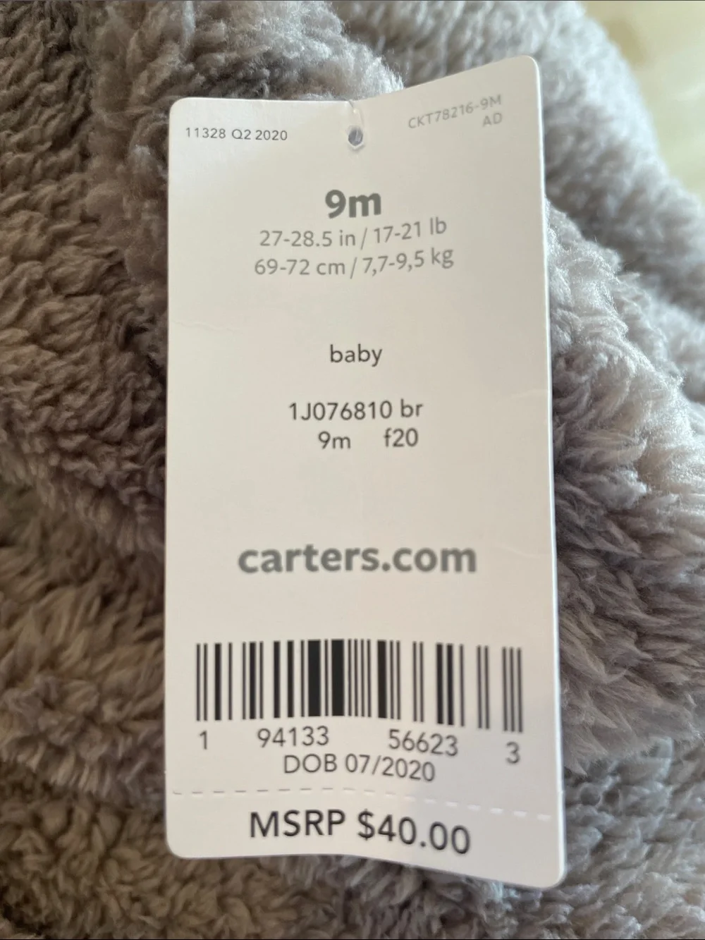 Carter's Plush Hooded Footed One-Piece in Taupe